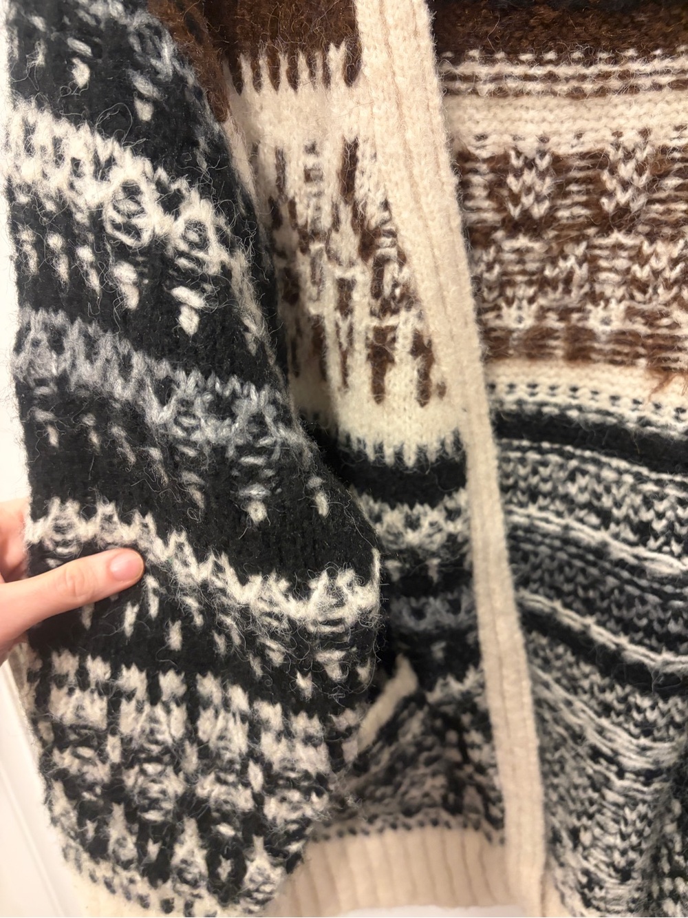 eesome Open-Front Fair Isle Cardigan in Cream, Brown, and Black - Picture 5 of 13